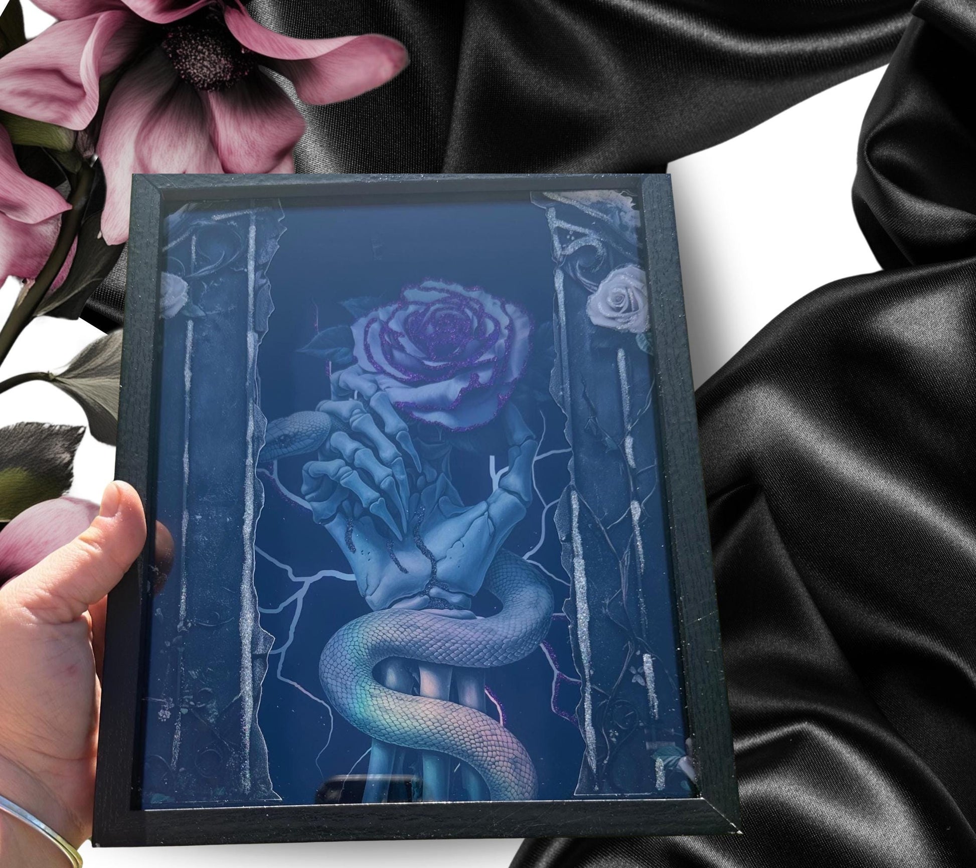 Skeleton Hand & Purple Rose Snake Shadowbox, Unique Dark Academia Wall Decor, Perfect Art for a Gothic Living Space