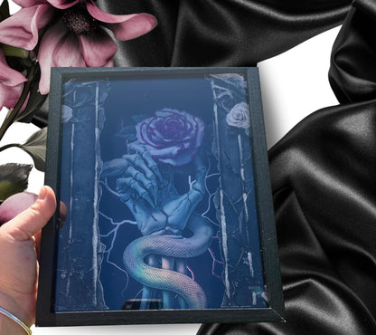 Skeleton Hand & Purple Rose Snake Shadowbox, Unique Dark Academia Wall Decor, Perfect Art for a Gothic Living Space