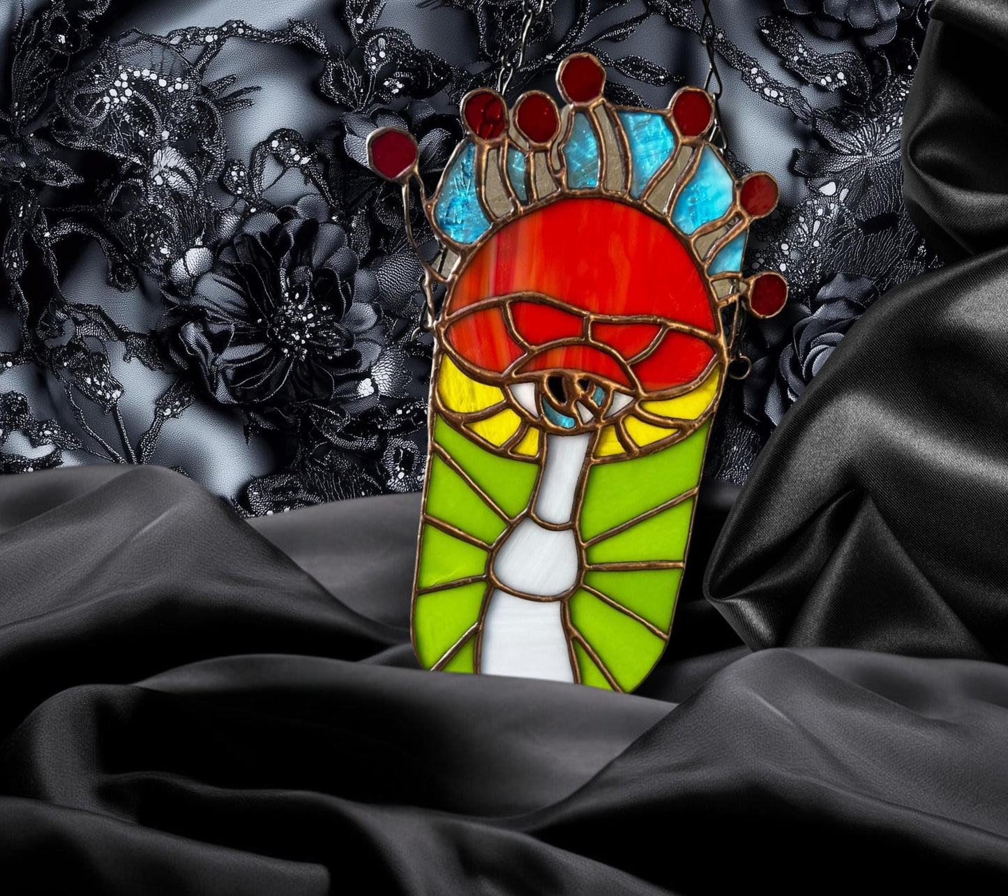 Psychedelic Magic Mushroom Stained Glass – Handmade Trippy Wall Art, Boho Shroom Decor