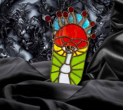 Psychedelic Magic Mushroom Stained Glass – Handmade Trippy Wall Art, Boho Shroom Decor