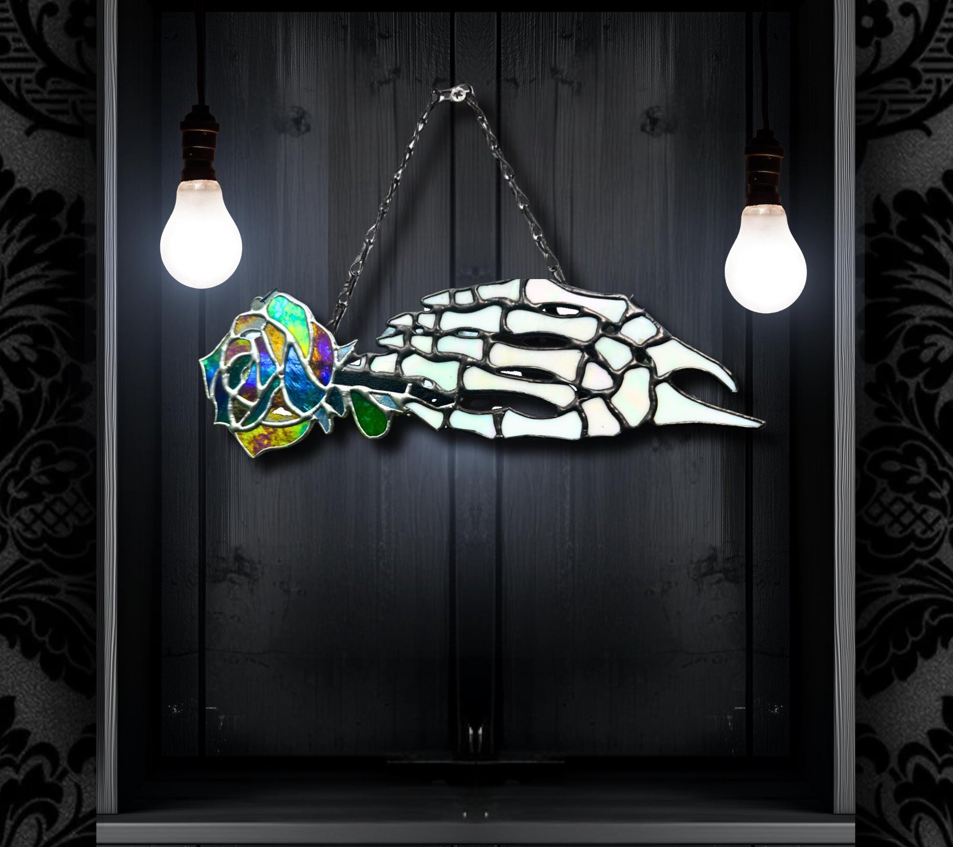 Stained Glass Skeleton Hand with Iridescent Rose – Gothic Window Suncatcher, Handmade Wall Hanging Art