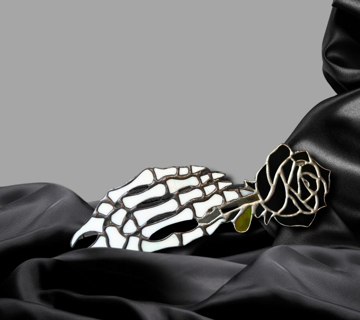Stained Glass Skeleton Hand with Iridescent Rose – Gothic Window Suncatcher, Handmade Wall Hanging Art