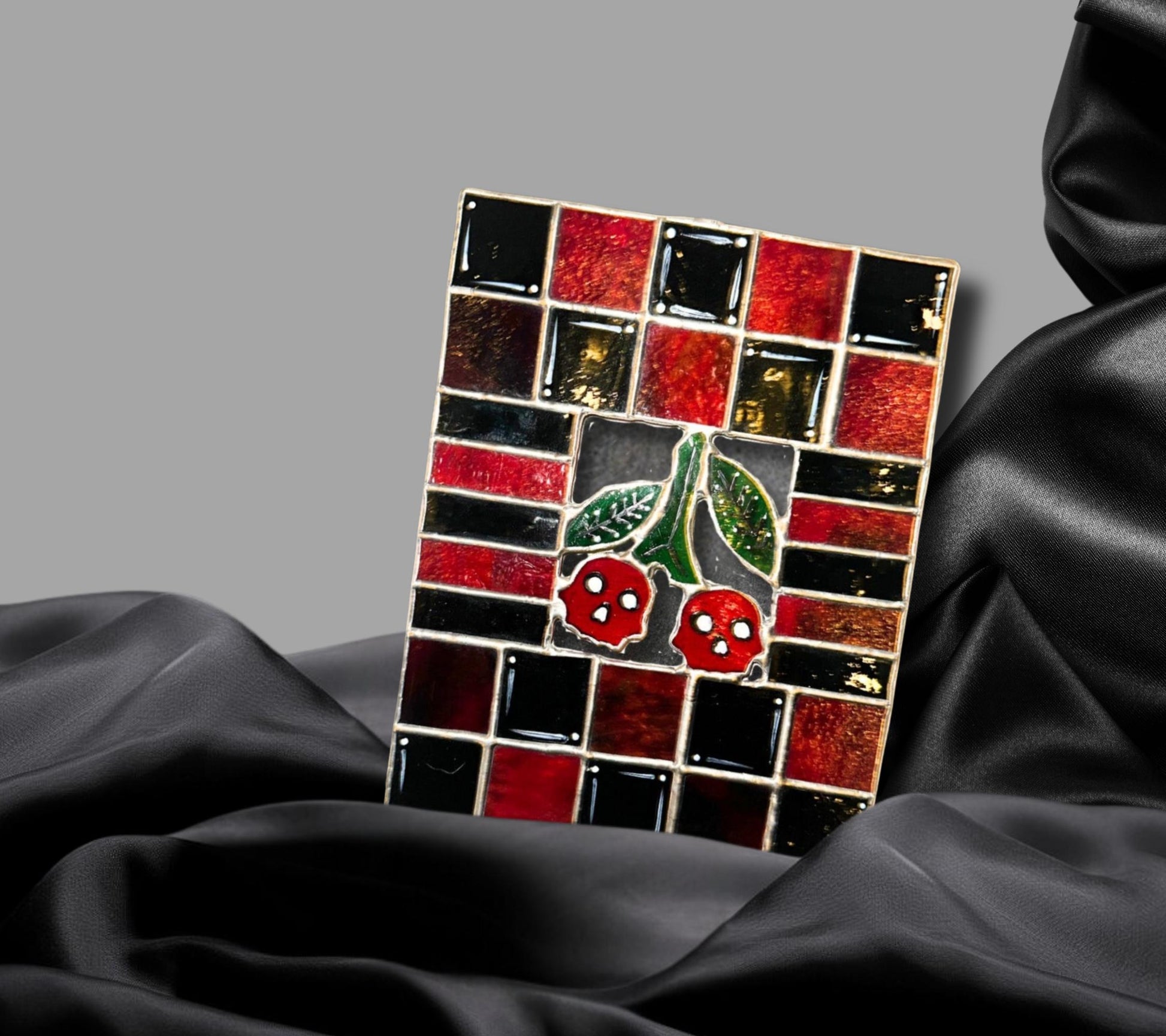 Stained Glass Cherry Skull Checkerboard, Gothic Wall Hangings, Window Sun Catcher for the Perfect One-of-a-Kind Piece of Art