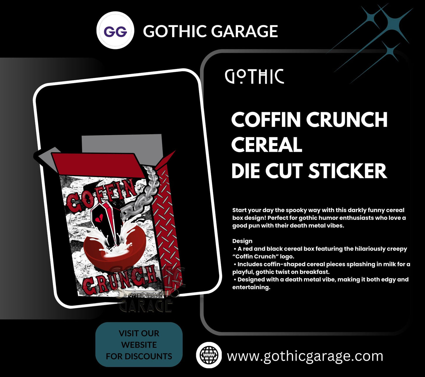 Coffin Crunch Cereal, Waterproof Die Cut Sticker, Choose Between Glossy or Holographic, Perfect to Add Fun to any Surface