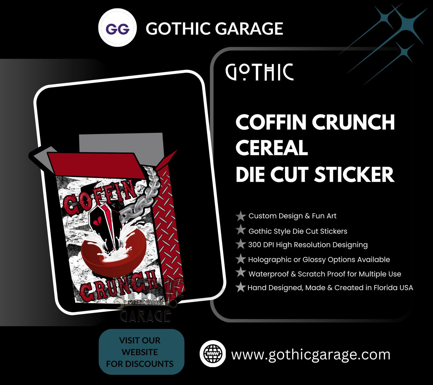 Coffin Crunch Cereal, Waterproof Die Cut Sticker, Choose Between Glossy or Holographic, Perfect to Add Fun to any Surface