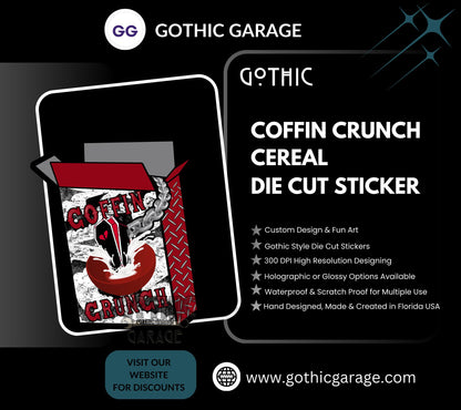 Coffin Crunch Cereal, Waterproof Die Cut Sticker, Choose Between Glossy or Holographic, Perfect to Add Fun to any Surface