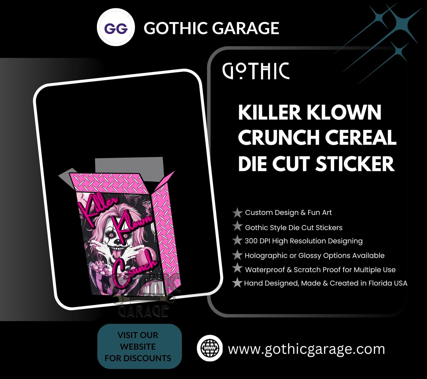 Killer Klown Crunch Cereal, Waterproof Die Cut Sticker, Choose Between Glossy or Holographic, Perfect to Add Fun to any Surface