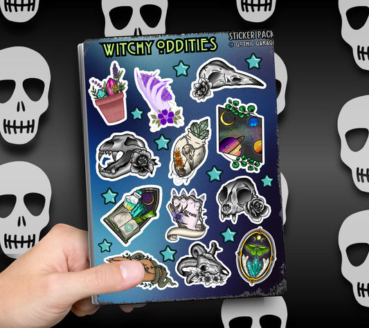 Gothic Witchy Oddities Sticker Sheet, Aesthetic Skulls, Mystical Moons & Plants - Perfect for Scrapbooking and Collecting