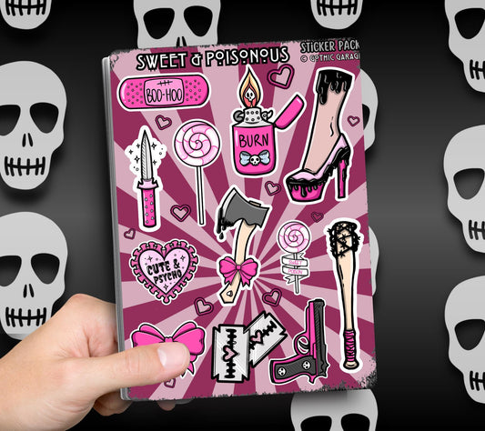 Gothic Sweet & Poisonous Sticker Sheet – Pretty in Pinky, Deadly in Action! - Perfect for Scrapbooking and Collecting