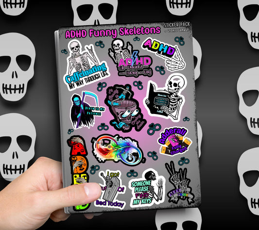 ADHD & Neurodivergent Funny Skeletons Sticker Sheet, Budget Friendly Gift for Friends, Collecting and Scrapbooking