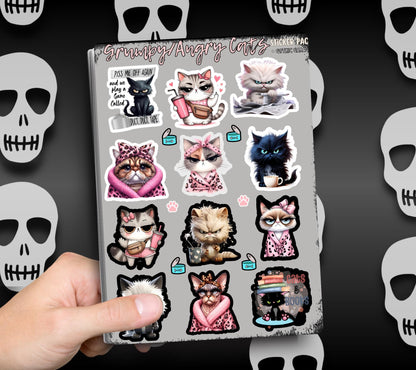 Angry/Grumpy Cartoon Cats Sticker Sheets for Collecting and Scrapbooking - High-Quality, Vibrant Designs, Perfect Budget Friendly Gifts