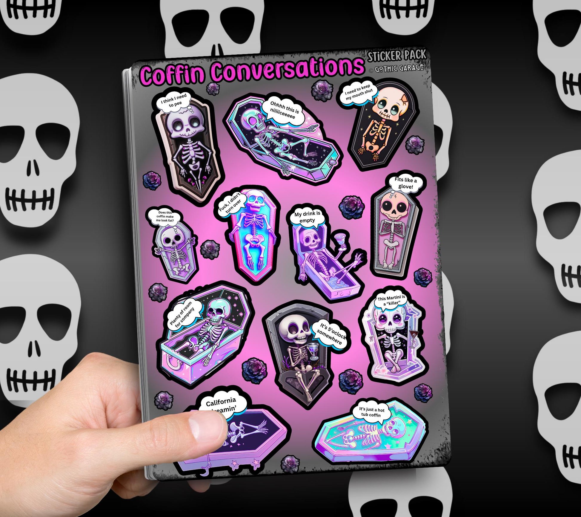 Coffin Skeletons, Funny Conversation Sticker Sheets for Collecting & Scrapbooking - High-Quality, Vibrant Designs