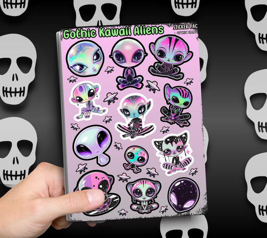 Gothic Kawaii Aliens Sticker Sheets for Collecting and Scrapbooking - High-Quality, Vibrant Designs, Perfect Budget Friendly Gifts