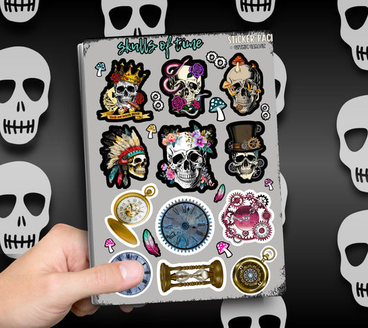 Skulls of Time Clocks Sticker Sheets for Collecting and Scrapbooking - High-Quality, Vibrant Designs, Perfect Budget Friendly Gifts