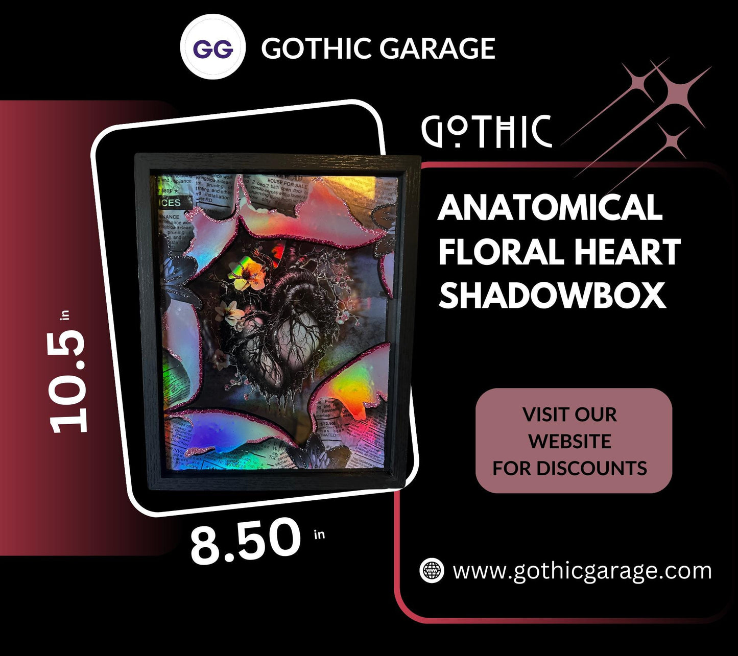 Gothic Anatomically Correct Floral Heart Shadowbox, Unique Dark Academia Wall Decor, Perfect Art for a Gothic Living Space