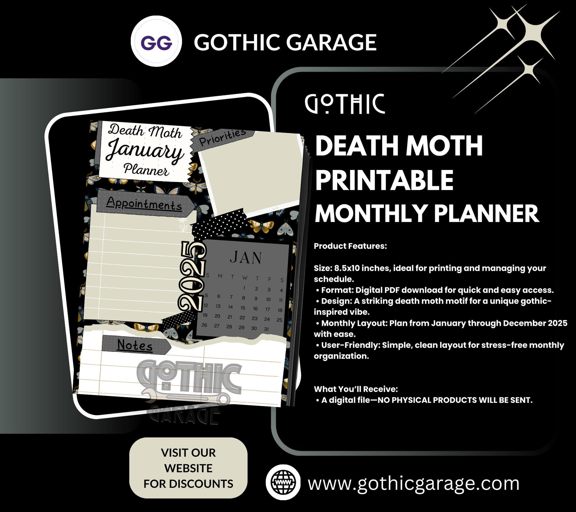 Printable Death Moth 2025 Yearly Planner – Download & Organize Your Months with Gothic Elegance