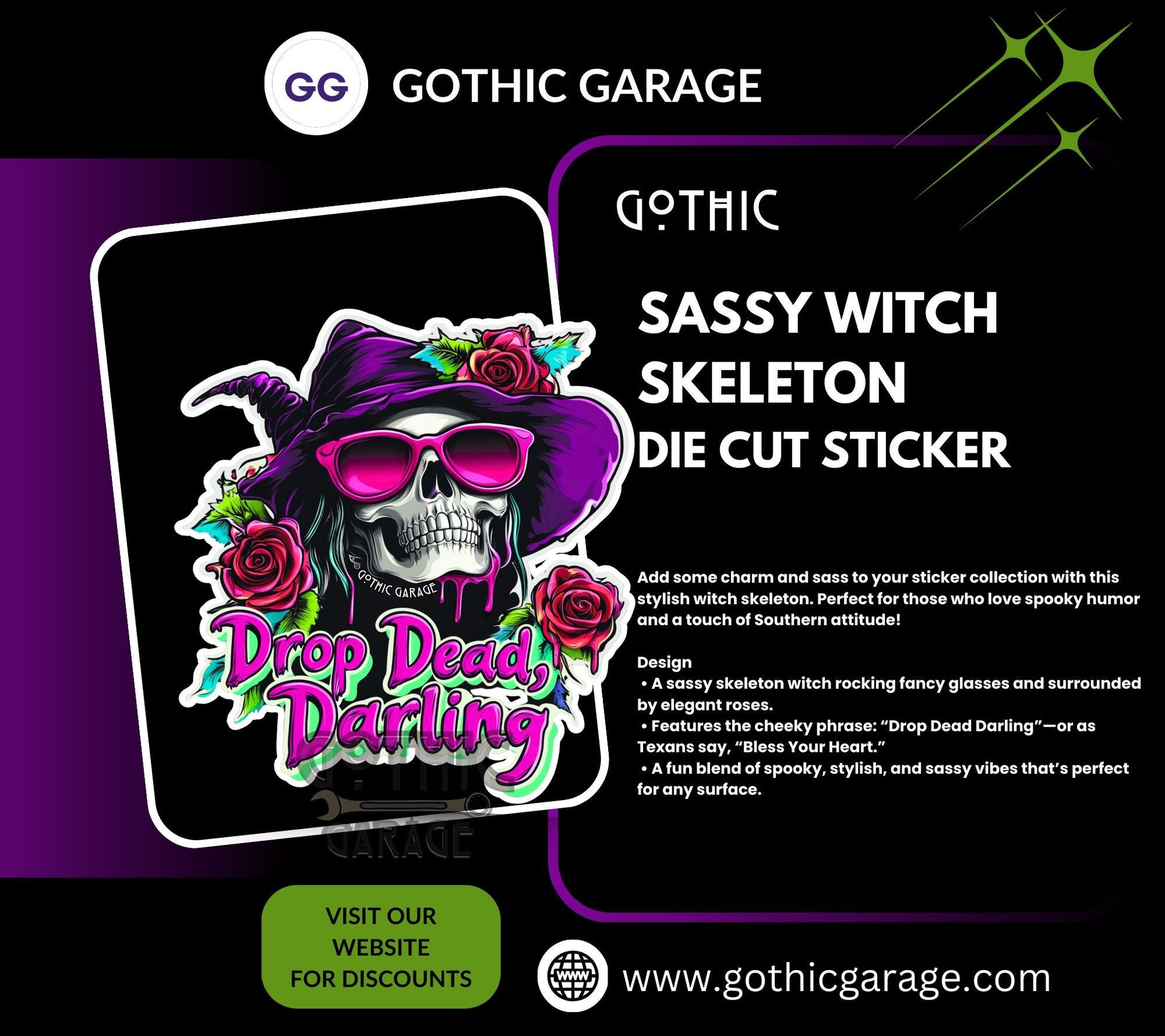 Sassy Witch Skeleton Waterproof Die Cut Sticker, Choose Between Glossy or Holographic, Perfect to Add Fun to any Surface