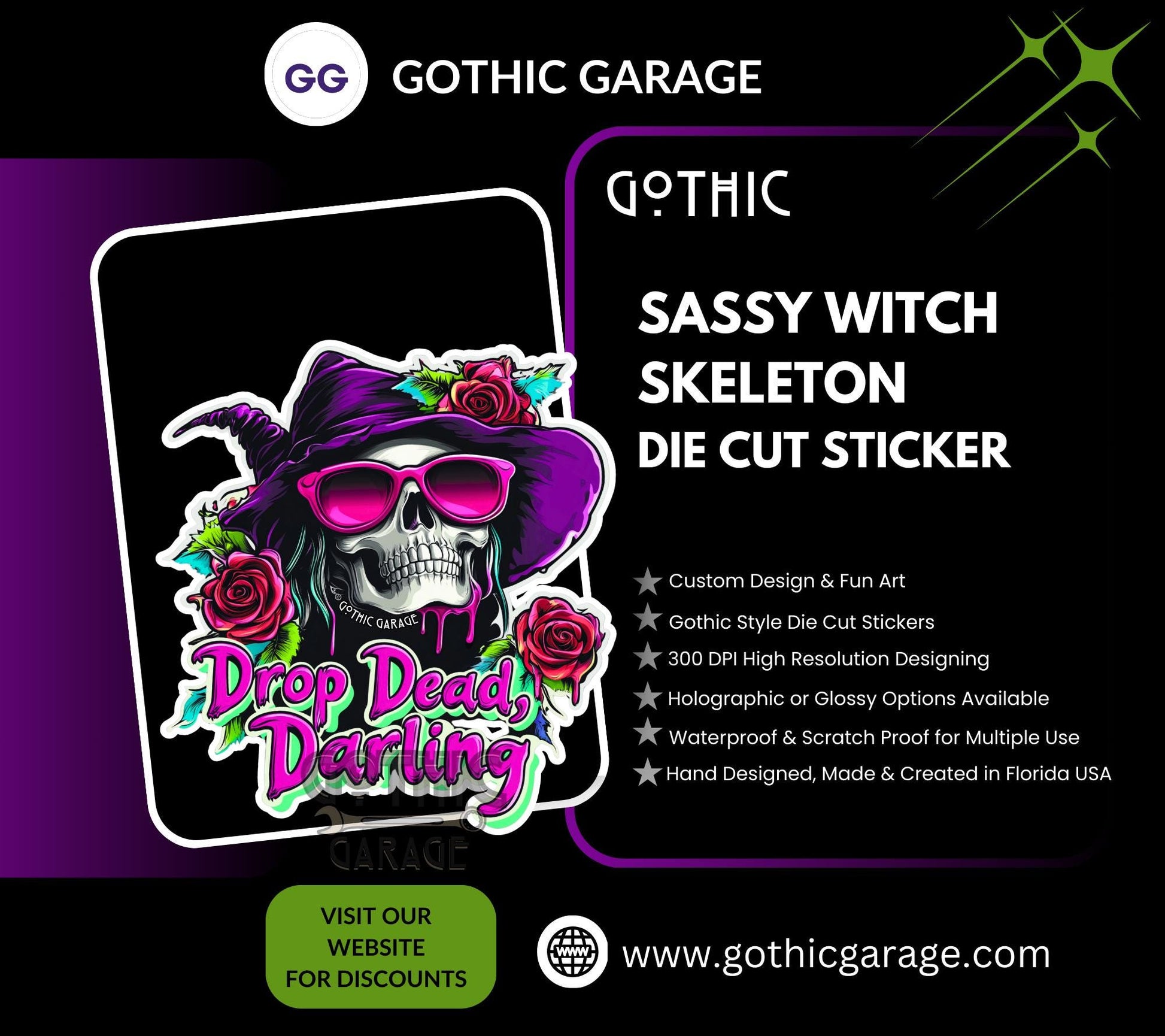 Sassy Witch Skeleton Waterproof Die Cut Sticker, Choose Between Glossy or Holographic, Perfect to Add Fun to any Surface