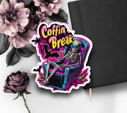 Coffin Break Skeleton Waterproof Die Cut Sticker, Choose Between Glossy or Holographic, Perfect to Add Fun to any Surface