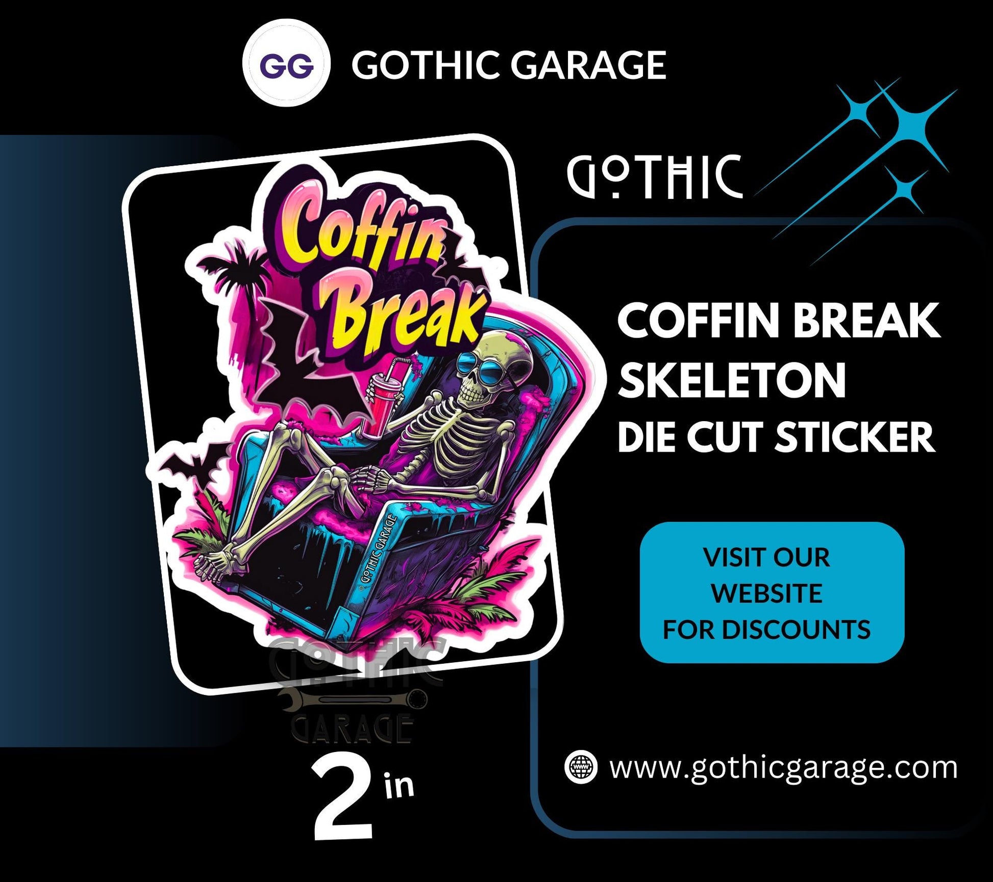 Coffin Break Skeleton Waterproof Die Cut Sticker, Choose Between Glossy or Holographic, Perfect to Add Fun to any Surface