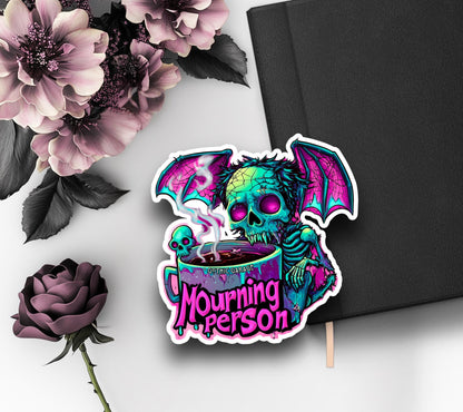 Mourning Skeleton Ghoul Waterproof Die Cut Sticker, Choose Between Glossy or Holographic, Perfect to Add Fun to any Surface