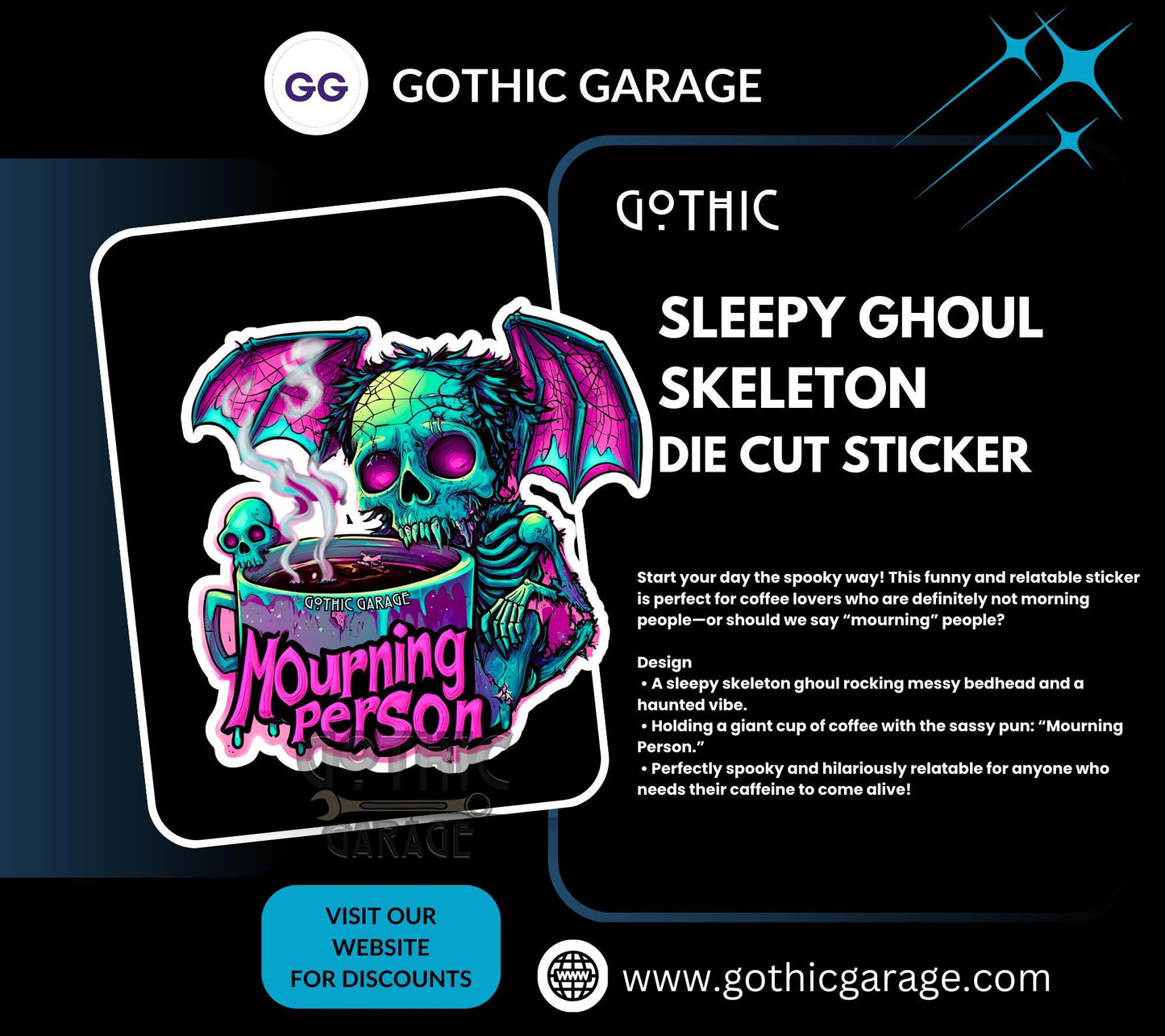 Mourning Skeleton Ghoul Waterproof Die Cut Sticker, Choose Between Glossy or Holographic, Perfect to Add Fun to any Surface