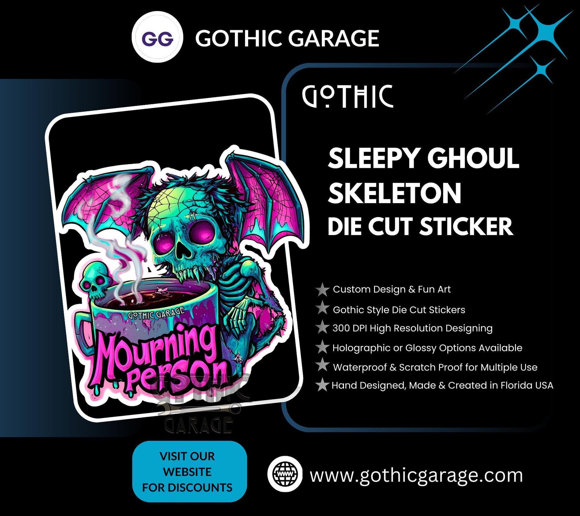 Mourning Skeleton Ghoul Waterproof Die Cut Sticker, Choose Between Glossy or Holographic, Perfect to Add Fun to any Surface