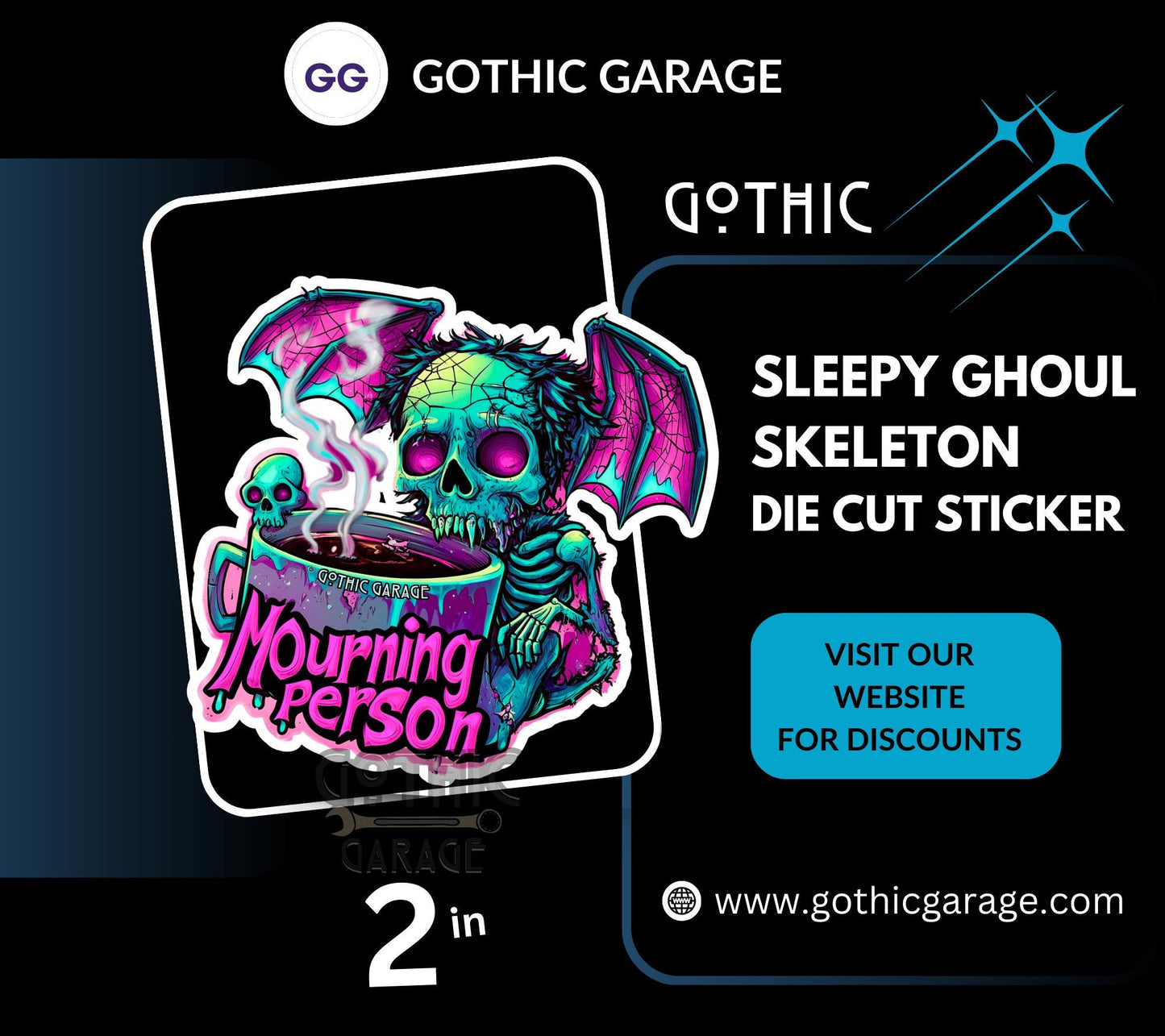 Mourning Skeleton Ghoul Waterproof Die Cut Sticker, Choose Between Glossy or Holographic, Perfect to Add Fun to any Surface