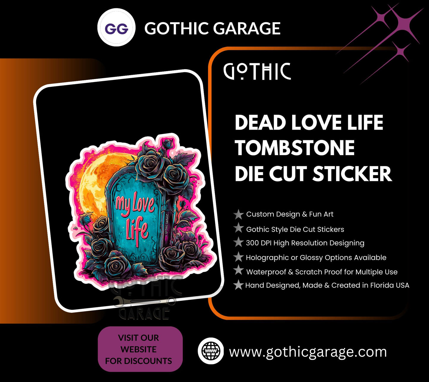 Dead Love Life Tombstone Waterproof Die Cut Sticker, Choose Between Glossy or Holographic, Perfect to Add Fun to any Surface