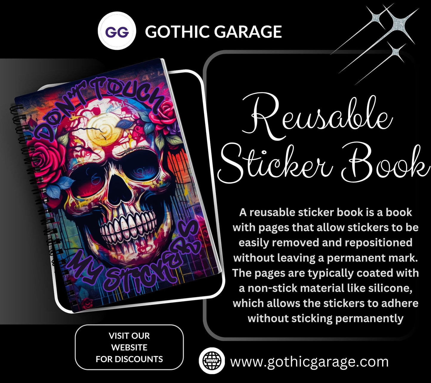 Goth Painted Skull Reusable Sticker Book, Gothic Vibe Sticker Album, Perfect Gift to Personalize for Goth Lovers & Sticker Collectors