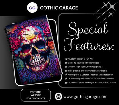 Goth Painted Skull Reusable Sticker Book, Gothic Vibe Sticker Album, Perfect Gift to Personalize for Goth Lovers & Sticker Collectors