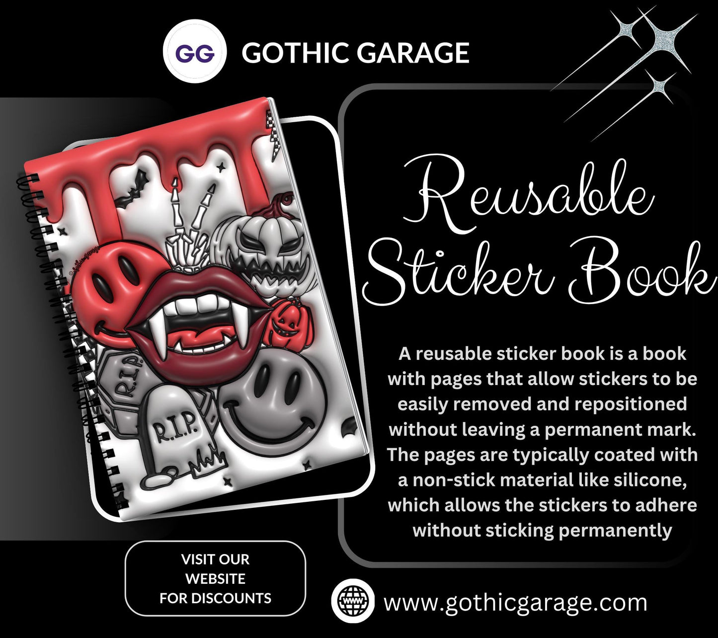 Gothic Vampire Collage Reusable Sticker Book, Gothic Vibe Sticker Album, Perfect Gift to Personalize for Goth Lovers & Sticker Collectors