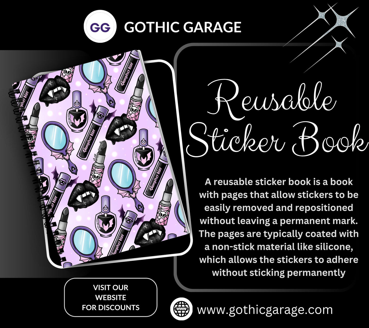 Gothic Vampire Kiss Reusable Sticker Book, Haunted Vibe Sticker Album, Perfect Gift to Personalize for Goth Lovers & Sticker Collectors