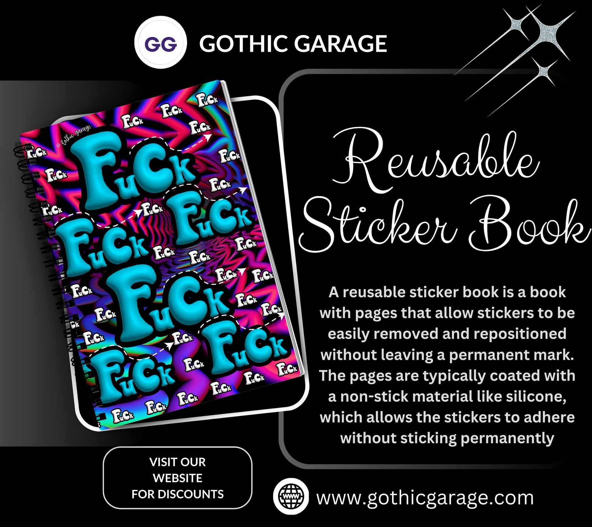 Psychedelic Swear Words Reusable Sticker Book, Adult Vibe Sticker Album, Perfect Gift to Personalize for Sticker Collectors