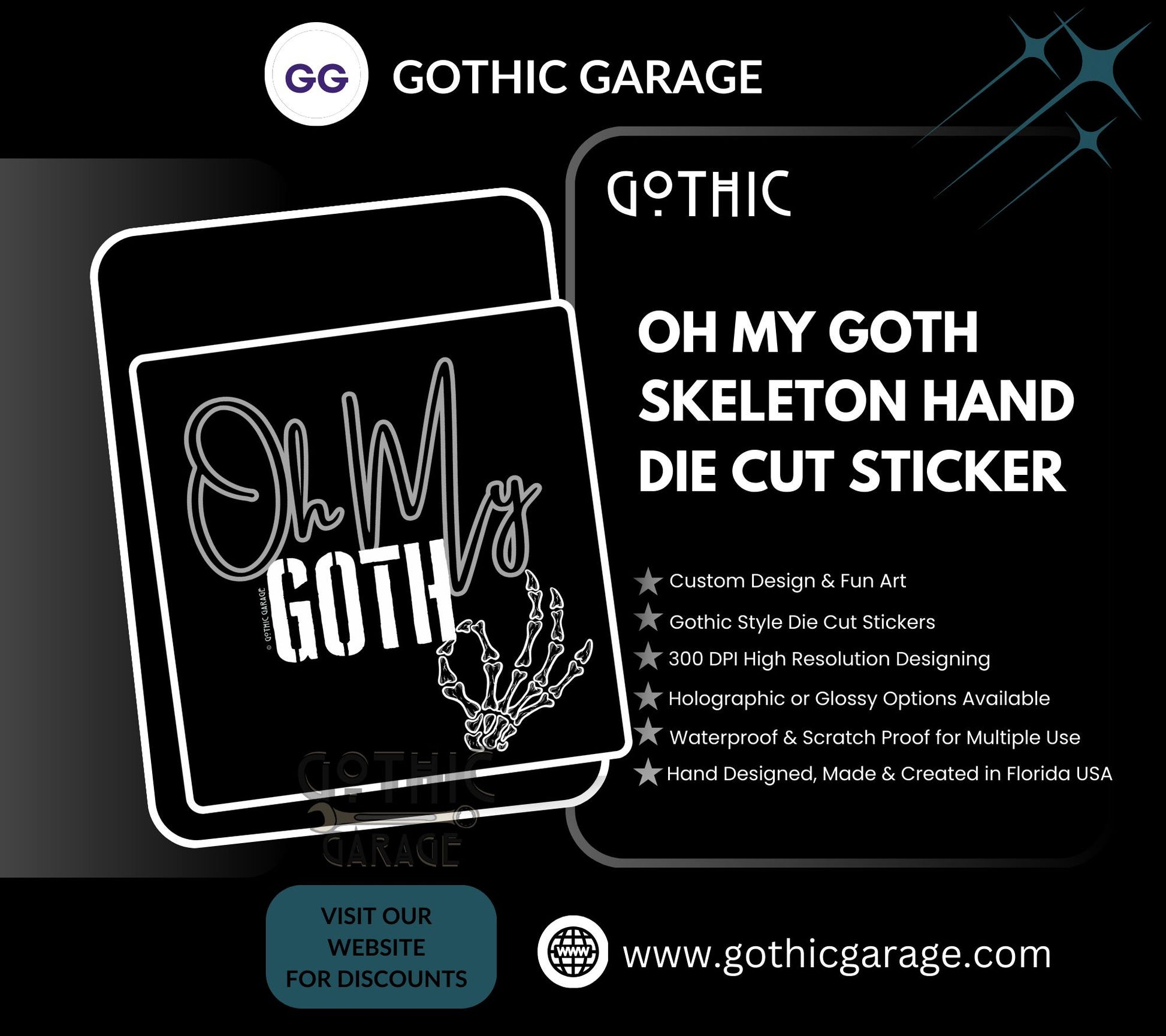 Oh My Goth Skeleton Hand Waterproof Die Cut Sticker, Choose Between Glossy or Holographic, Perfect to Add Fun to any Surface