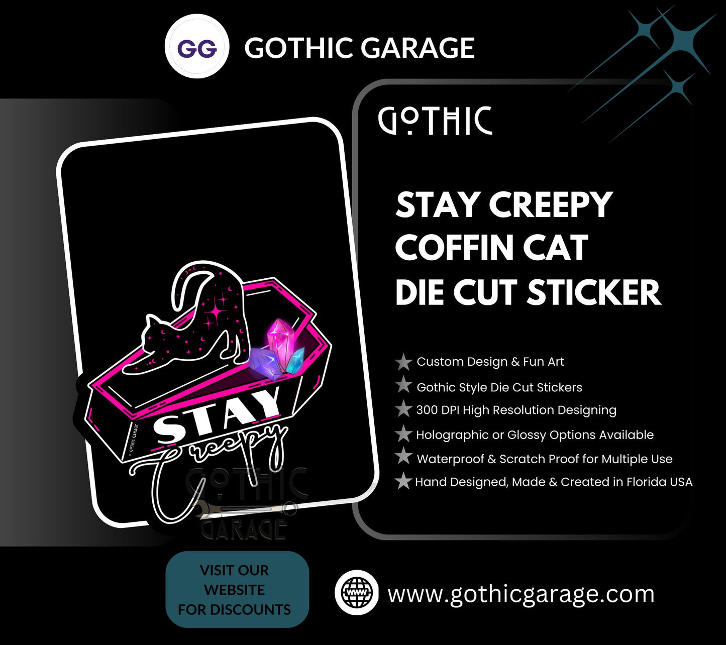 Stay Creepy Coffin Cat, Waterproof Die Cut Sticker, Choose Between Glossy or Holographic, Perfect to Add Fun to any Surface