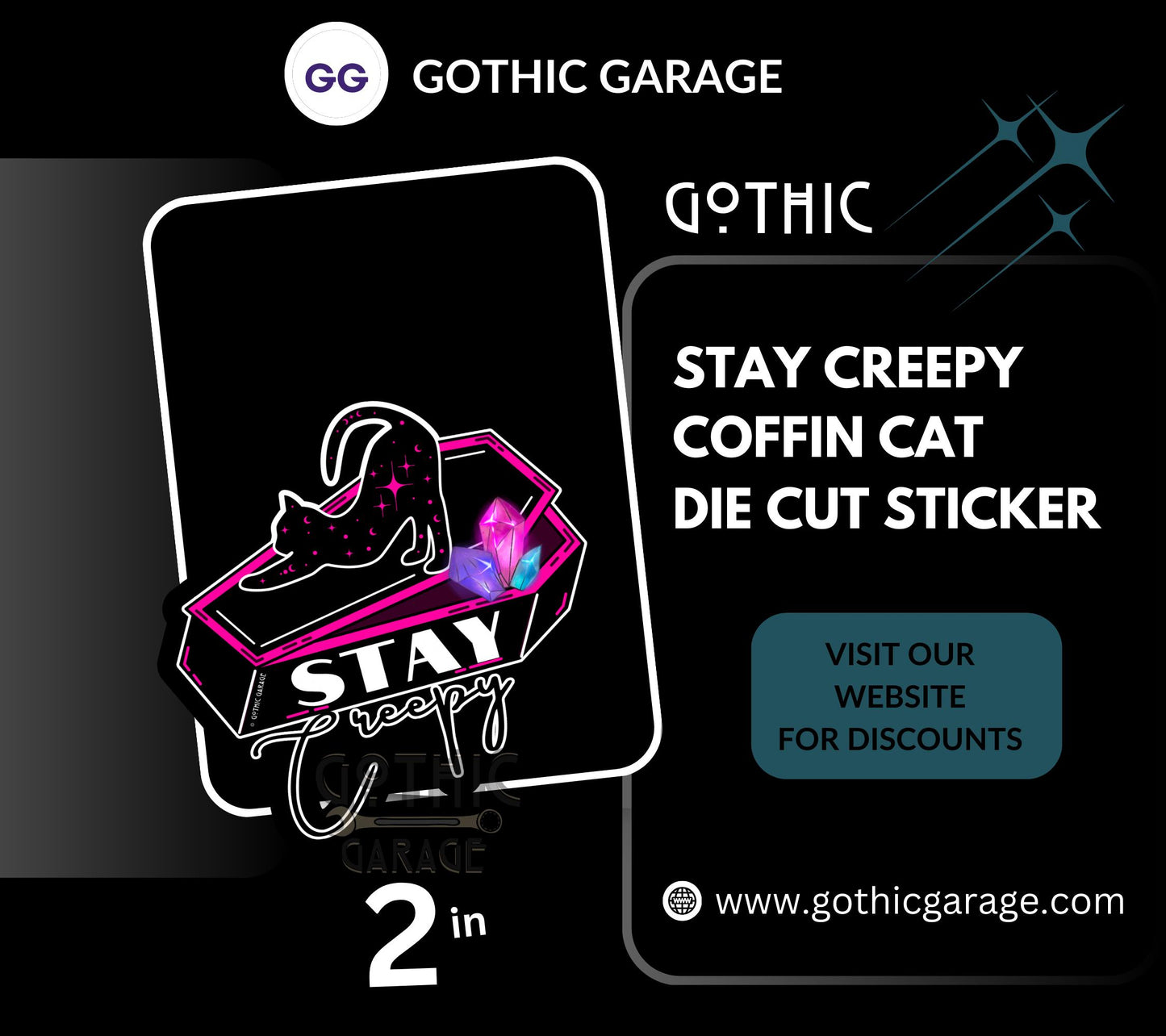 Stay Creepy Coffin Cat, Waterproof Die Cut Sticker, Choose Between Glossy or Holographic, Perfect to Add Fun to any Surface