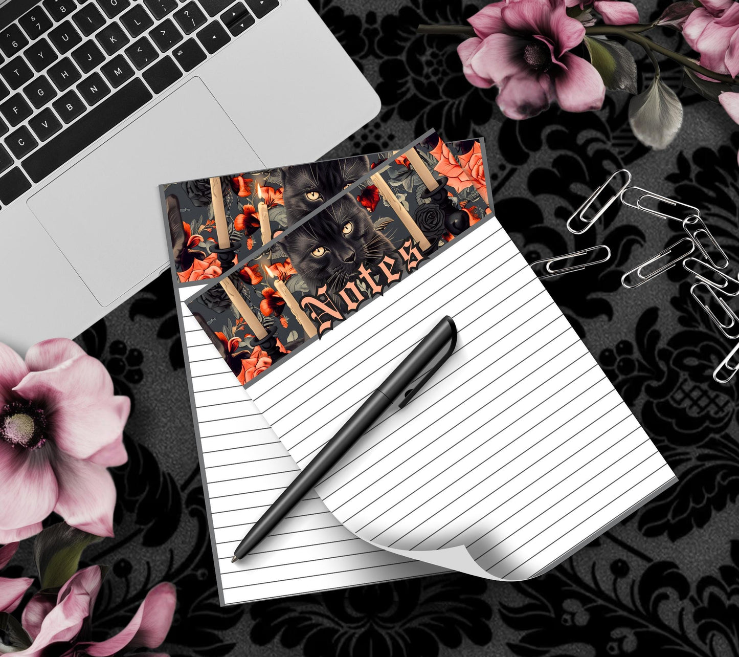 Gothic Black Cat, Candle & Peach Rose Notepad, Goth Stationery for Taking Notes or Task Management