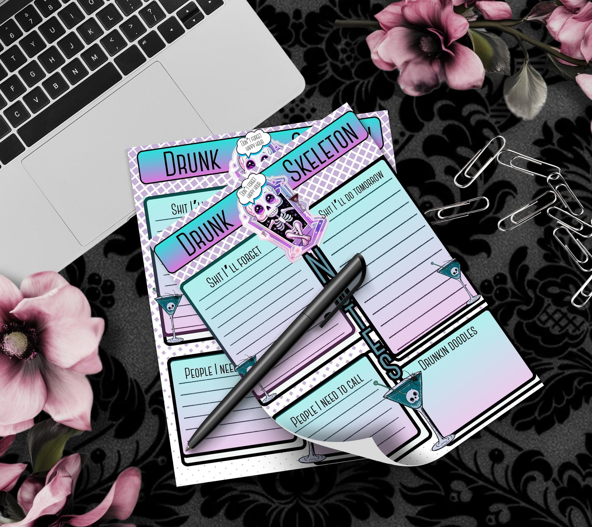 Gothic Kawaii Drunk Skeleton Notepad, Goth Stationery for Taking Notes or Task Management, Perfect Personalized Birthday Gift