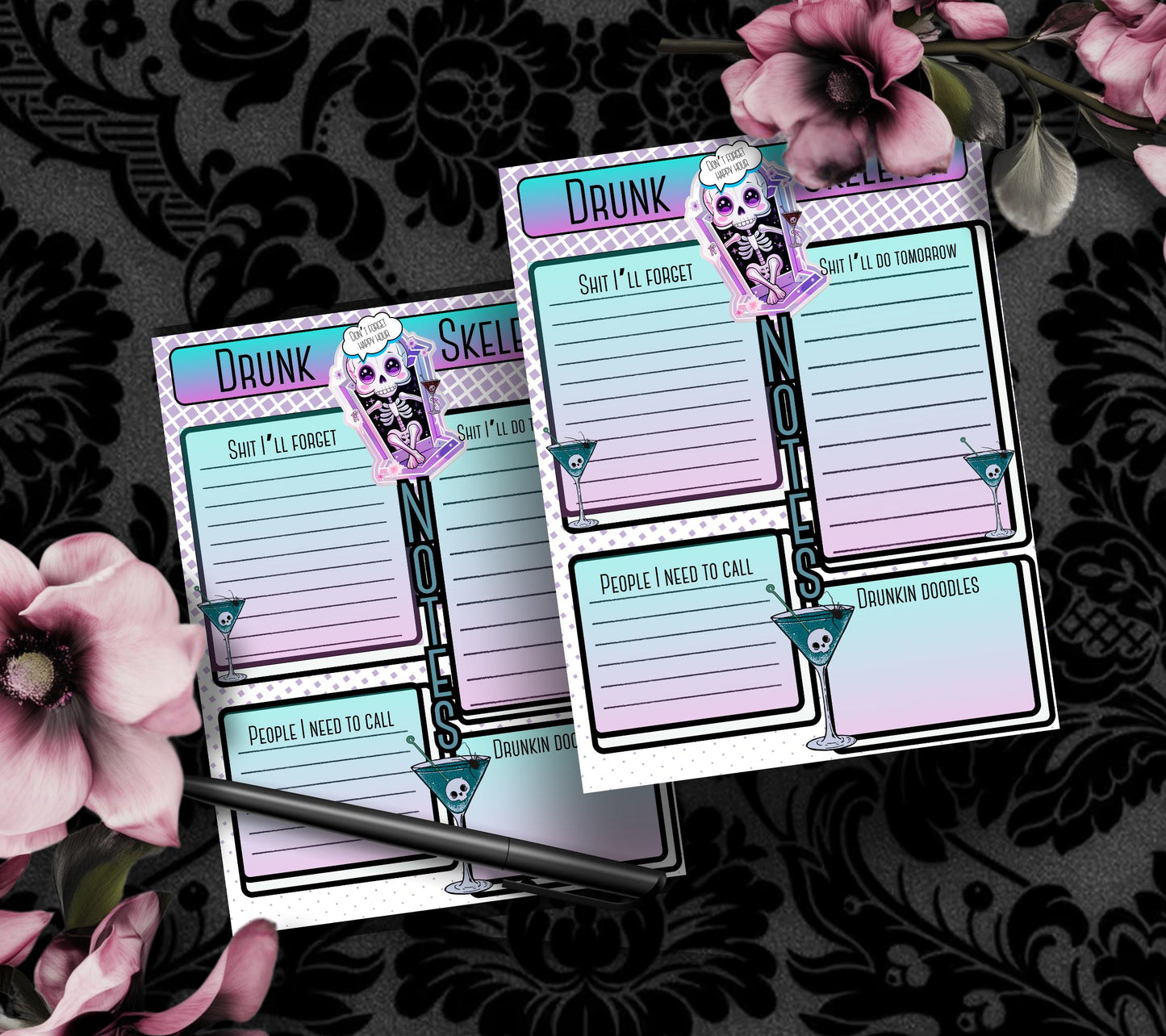 Gothic Kawaii Drunk Skeleton Notepad, Goth Stationery for Taking Notes or Task Management, Perfect Personalized Birthday Gift