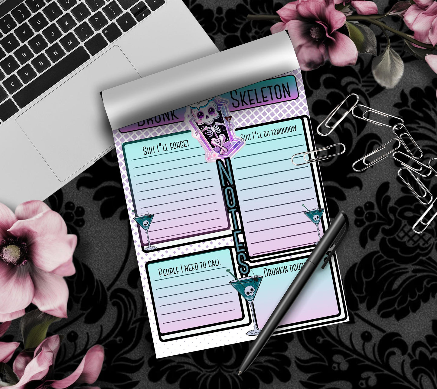 Gothic Kawaii Drunk Skeleton Notepad, Goth Stationery for Taking Notes or Task Management, Perfect Personalized Birthday Gift