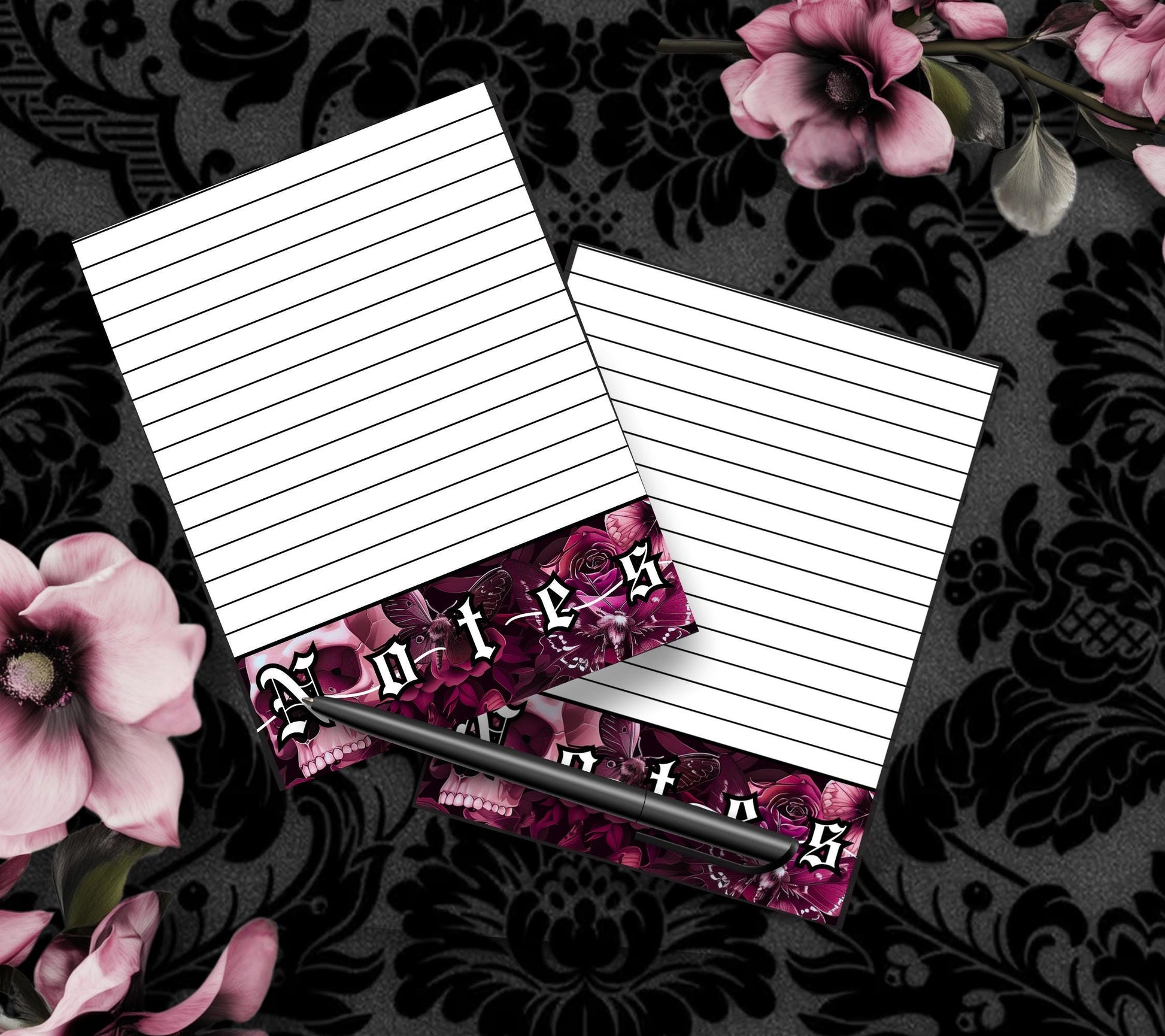 Gothic Old English Skull, Rose & Death Head Moth Notepad, Goth Stationery for Taking Notes or Task Management