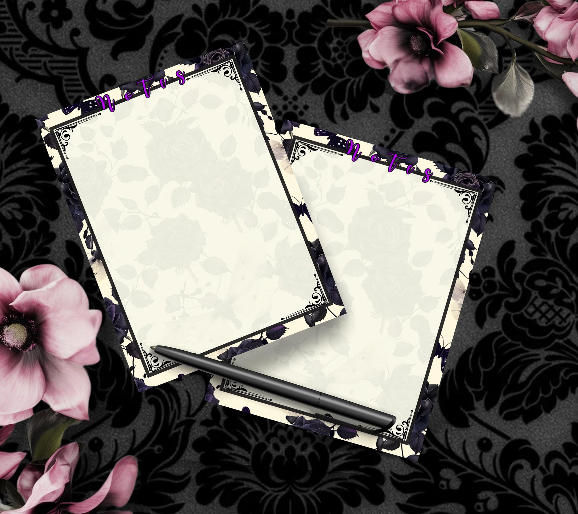 Gothic Scroll Black Roses & Death Head Moth Notepad, Goth Stationery for Taking Notes or Task Management