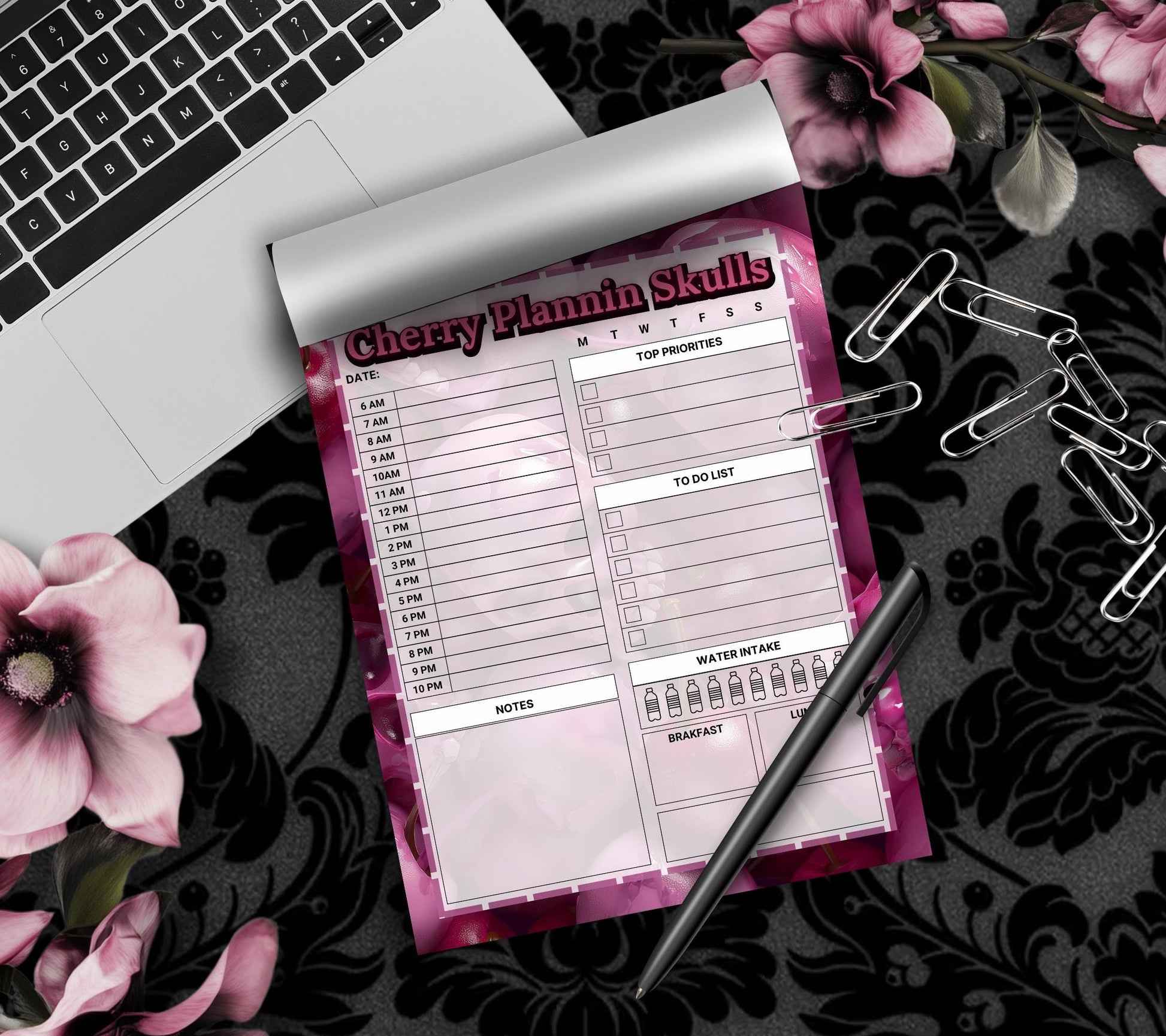 Gothic Skull Cherry Daily Planning Notepad, Goth Stationery for Taking Notes or Task Management, Perfect Personalized Birthday Gift