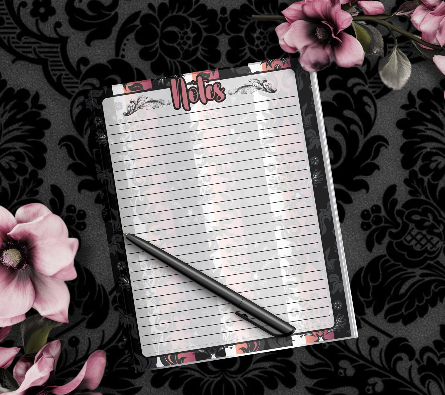 Gothic Striped Damask Notepad, Goth Stationery for Taking Notes or Task Management, Perfect Personalized Birthday Gift