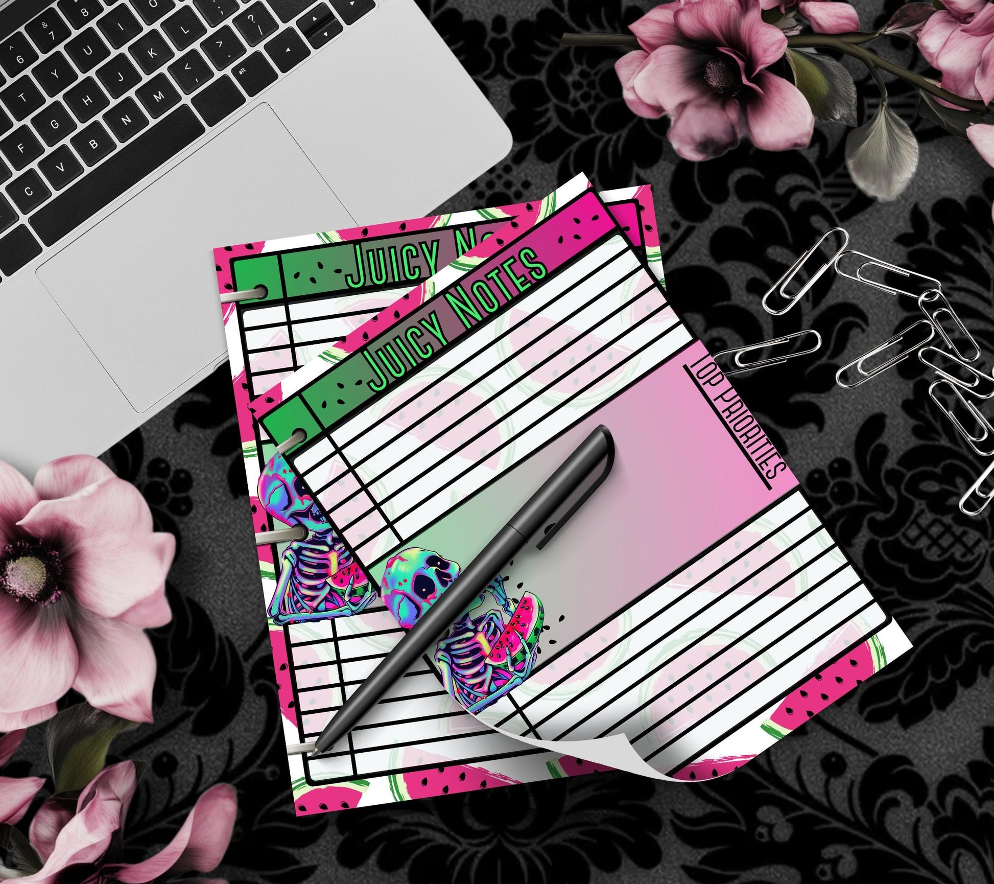 Kawaii Watermelon Skeleton Notepad, Gothic Memos of “Juicy Notes”, Goth Stationery for Taking Notes or Task Management