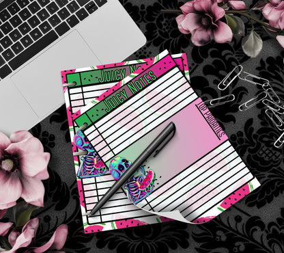 Kawaii Watermelon Skeleton Notepad, Gothic Memos of “Juicy Notes”, Goth Stationery for Taking Notes or Task Management