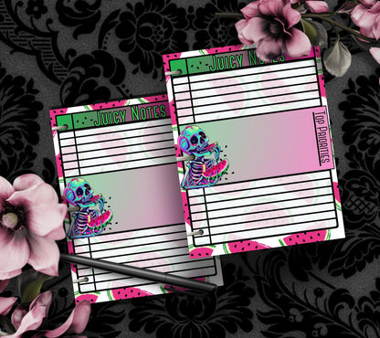 Kawaii Watermelon Skeleton Notepad, Gothic Memos of “Juicy Notes”, Goth Stationery for Taking Notes or Task Management