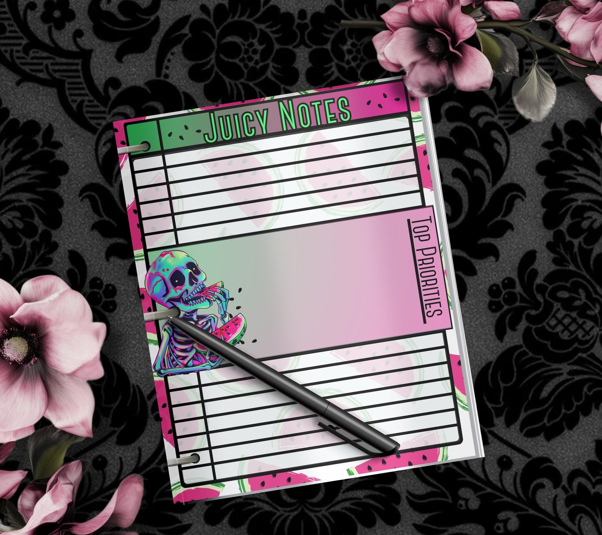 Kawaii Watermelon Skeleton Notepad, Gothic Memos of “Juicy Notes”, Goth Stationery for Taking Notes or Task Management