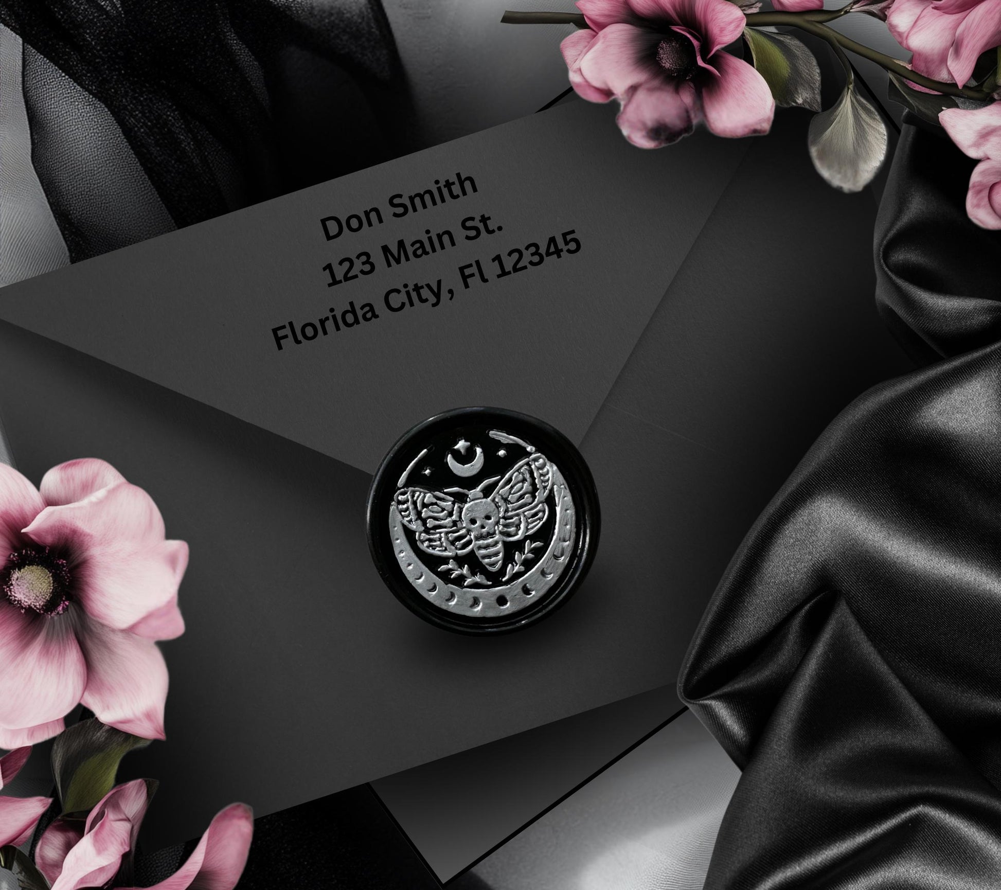 Skeleton Moth & Celestial Moon Gothic Soy Wax Seal Sticker, Handpoured Elegant Addition for Gothic Wedding Envelopes and Invitations